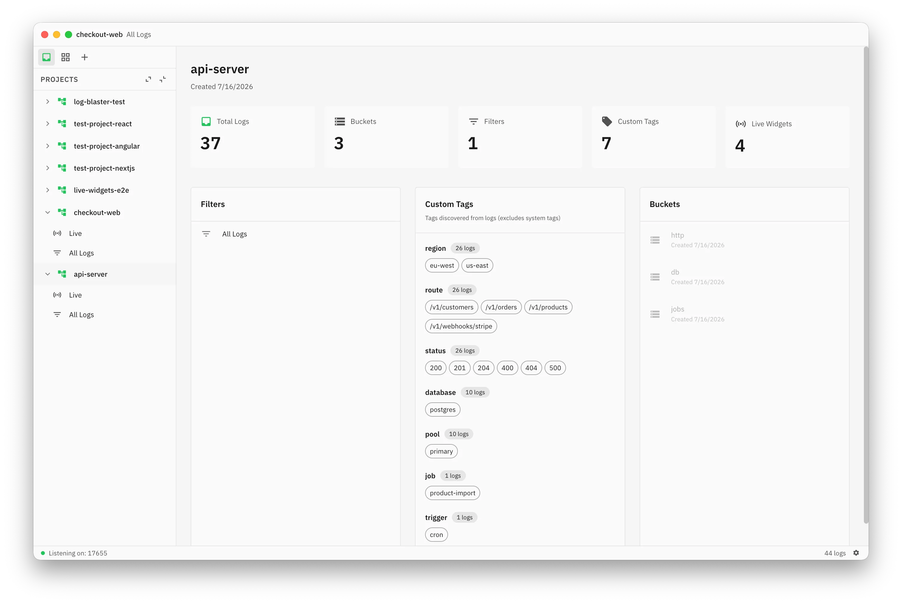 A project dashboard showing log stats, discovered tags, and buckets