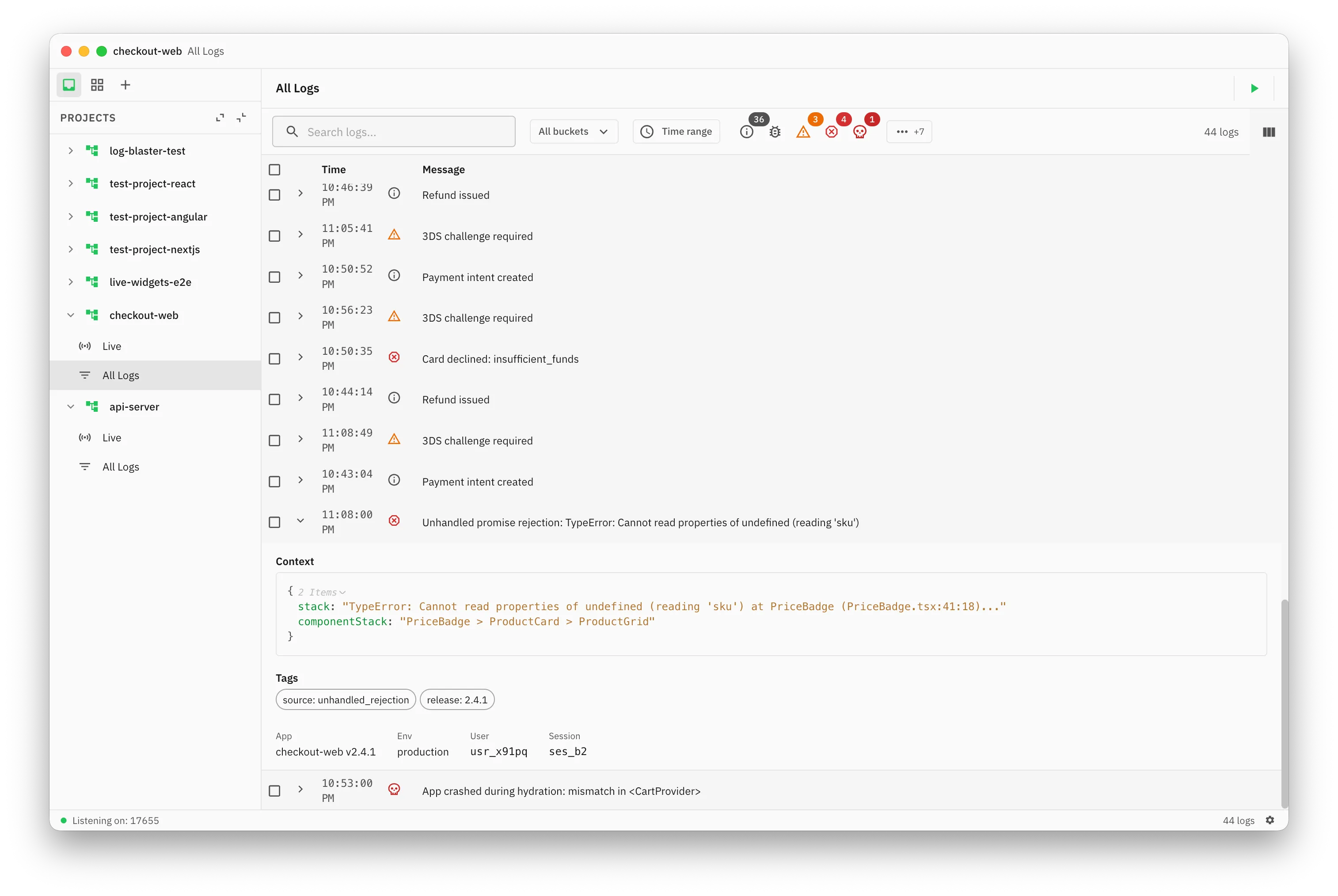 Gunsole log viewer with an expanded error entry showing stack trace context, tags, and session metadata